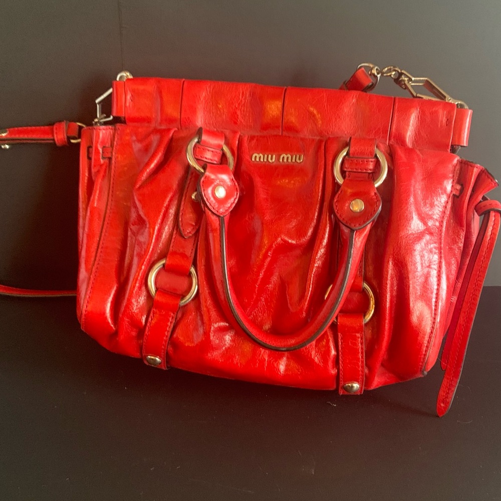 Miu Miu Vitello Shine Satchel Crossbody Purse -Red